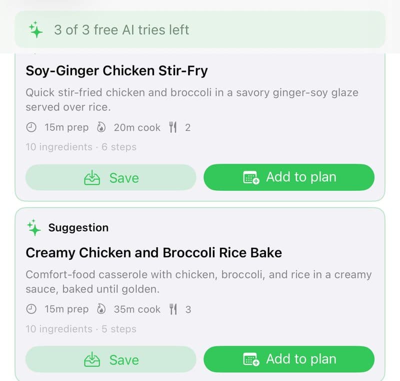 The AI Chef suggesting two dinners with Save and Add to plan buttons