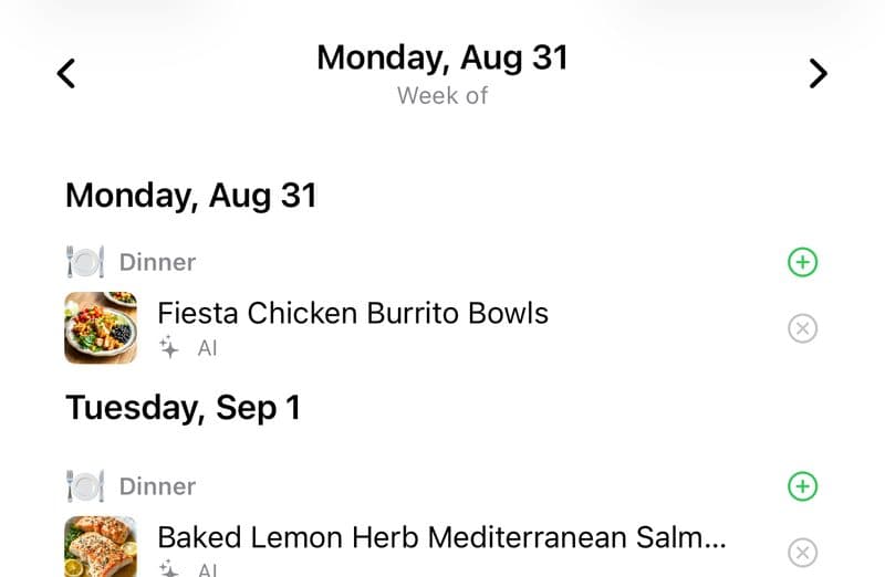 A week of breakfasts and dinners in the meal plan screen