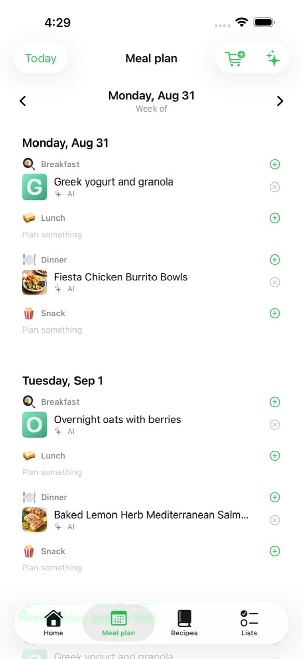 A week of meals in the meal plan screen