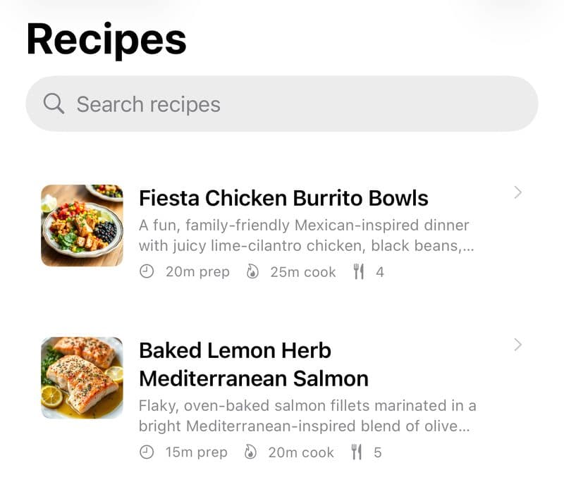 The recipe library with photos, prep and cook times