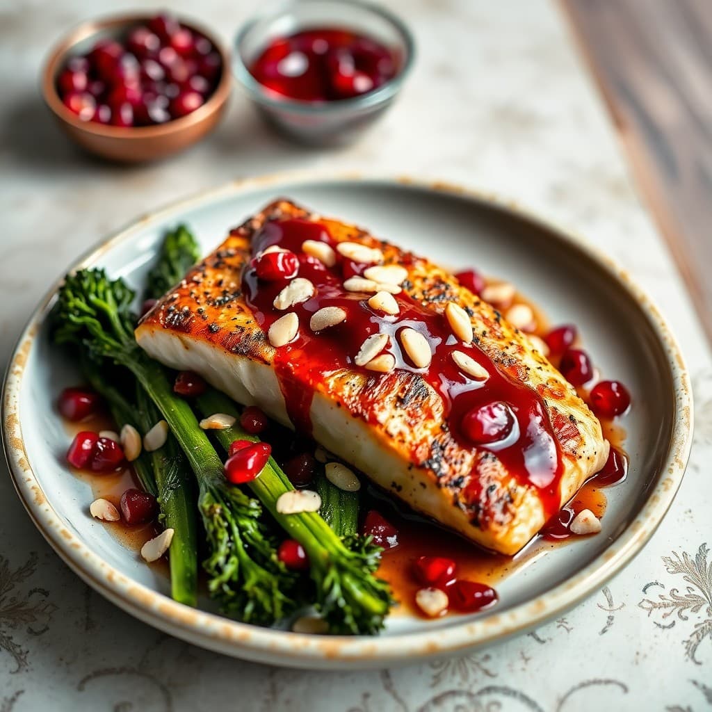 Moroccan-Spiced Seared Sea Bass with Charred Broccolini and Pomegranate Glaze