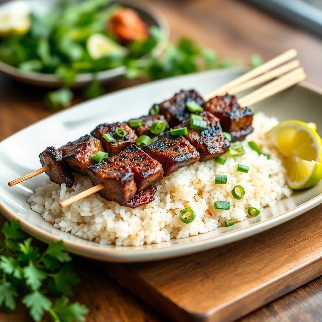 Vietnamese Lemongrass Beef Skewers with Charred Scallion Rice