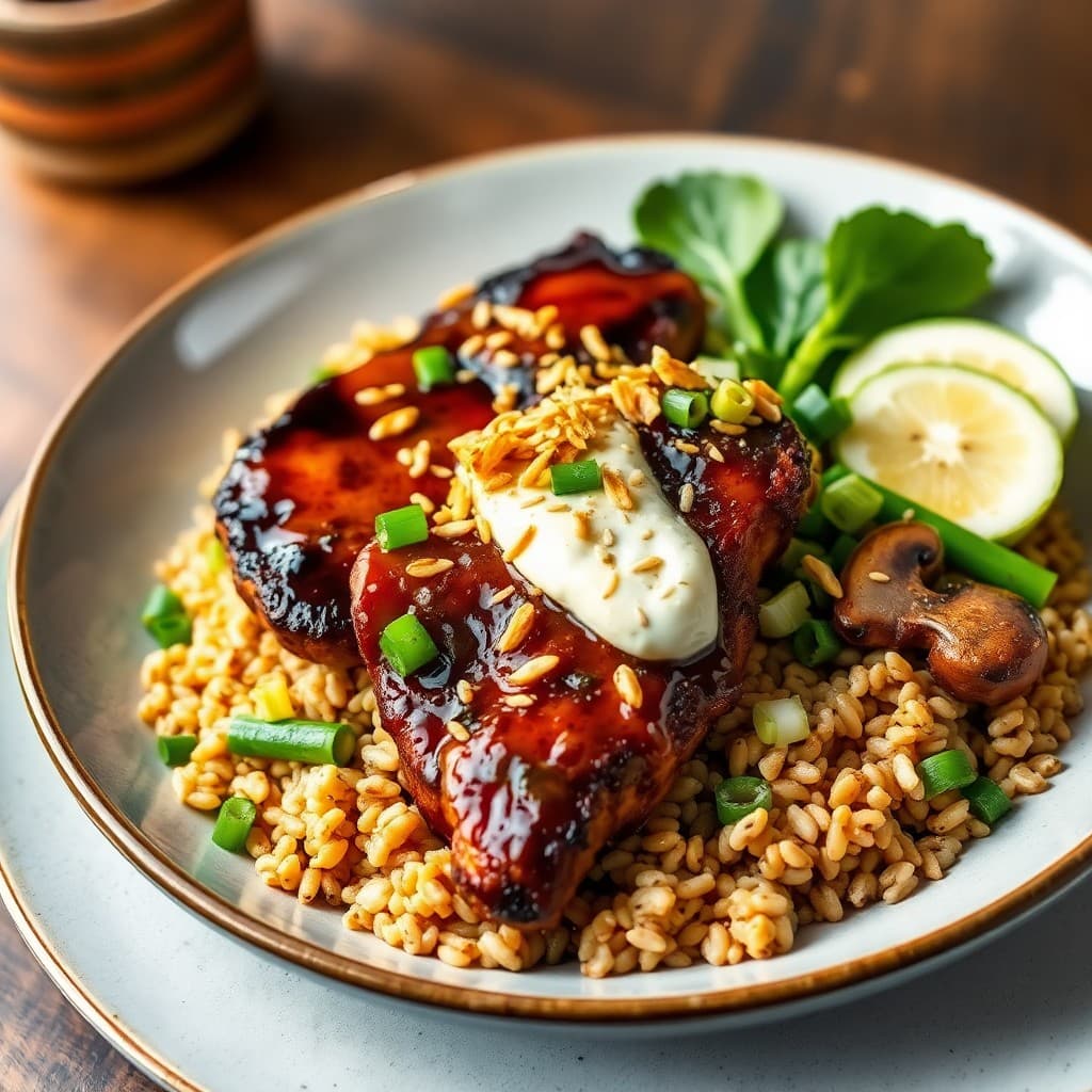 Japanese Miso-Glazed Seitan Donburi with Crispy Shallot Farro