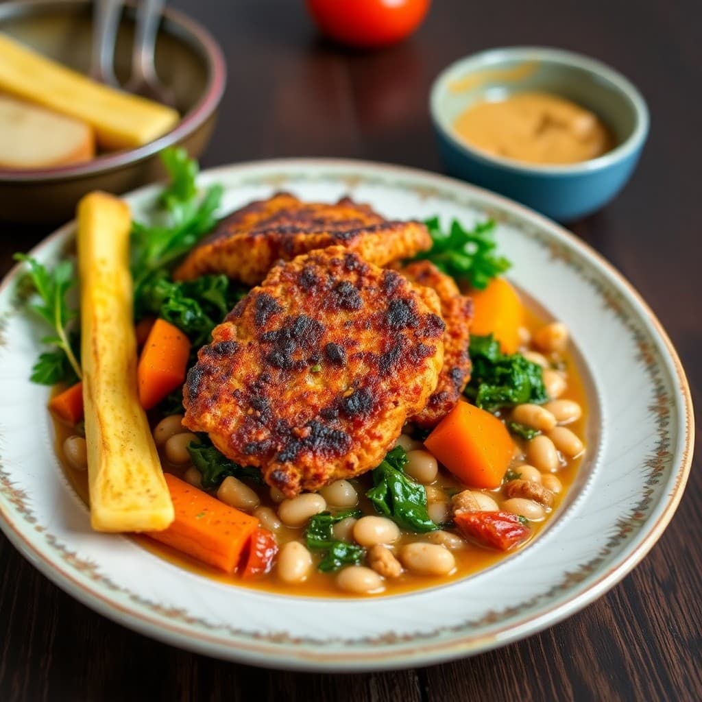 Portuguese-Inspired Crispy Seitan & White Bean Stew with Roasted Root Vegetables