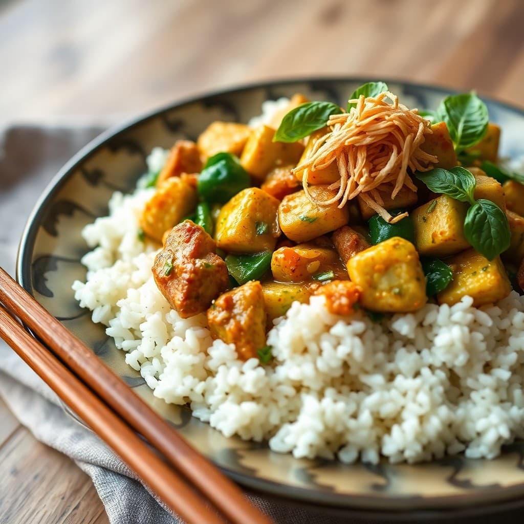 Thai Green Curry Tempeh Stir-Fry with Jasmine Rice & Crispy Shallot Garnish