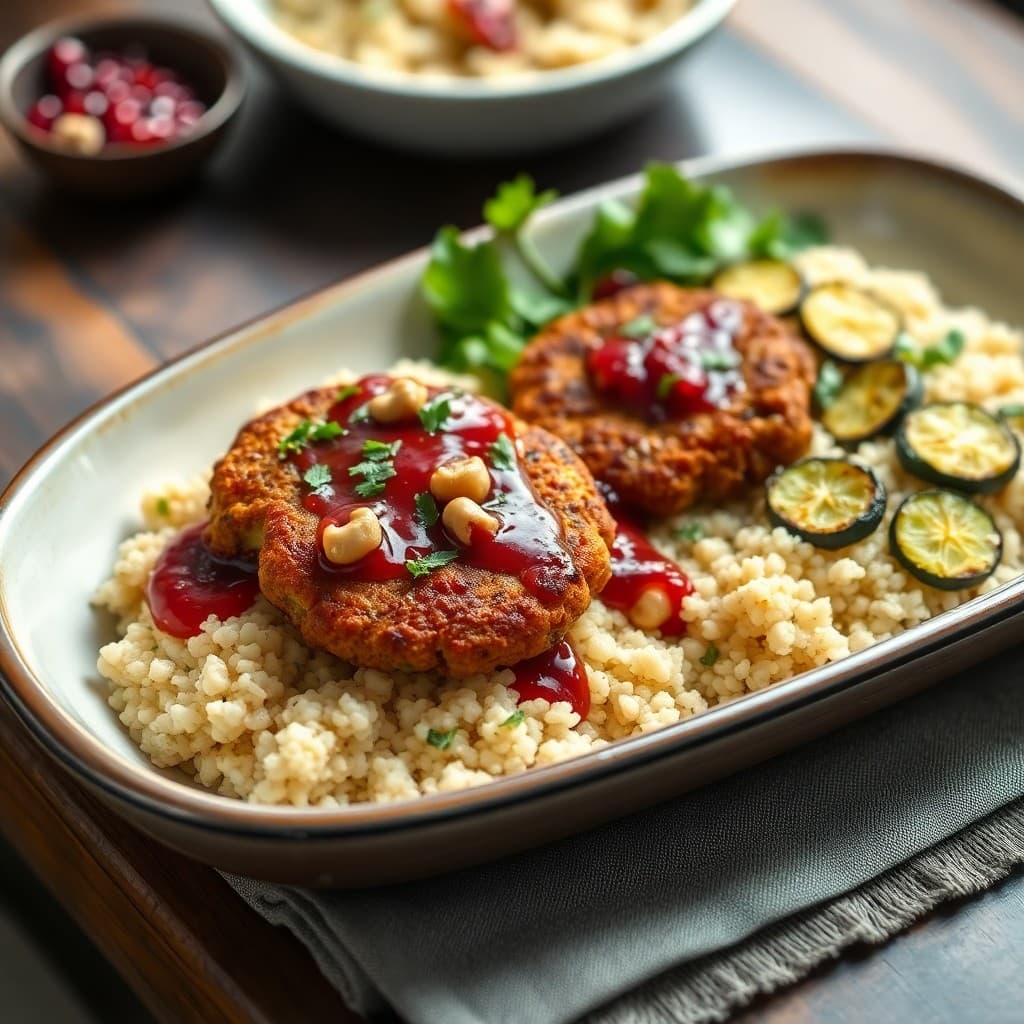 Turkish-Style Crispy Chickpea & Walnut Köfte with Pomegranate-Walnut Sauce & Herbed Couscous