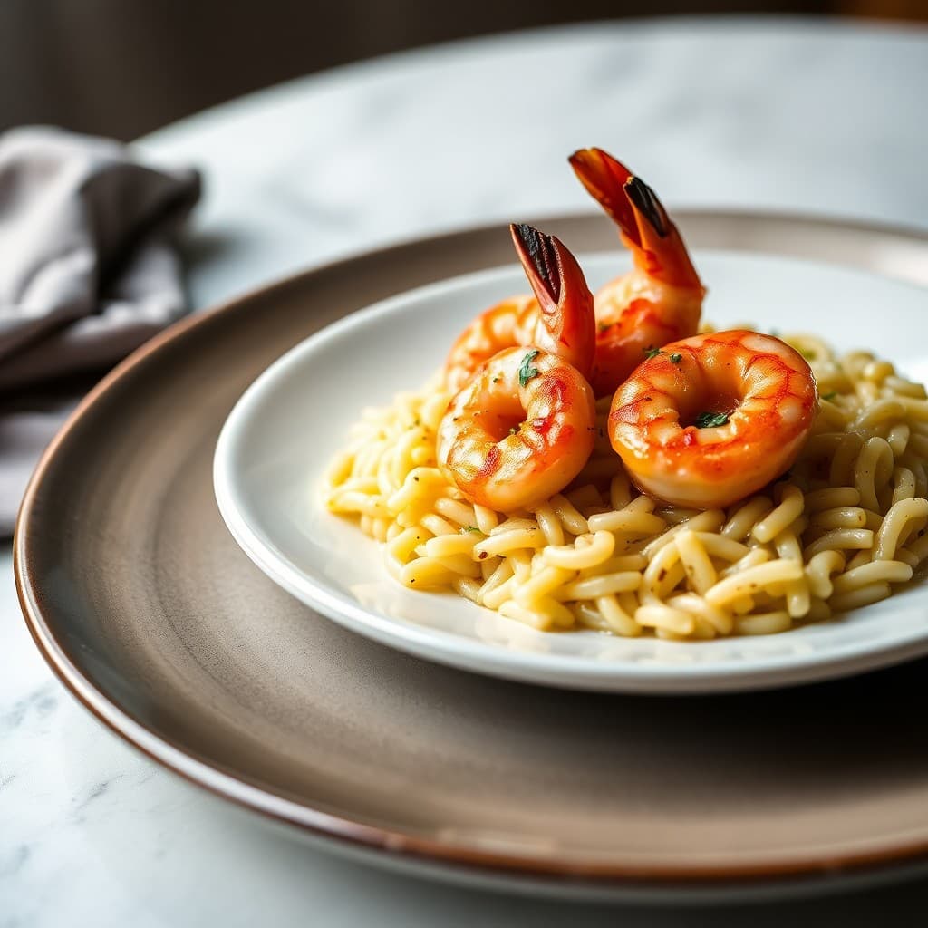 Spanish Gambas al Ajillo with Saffron Orzo & Charred Broccolini