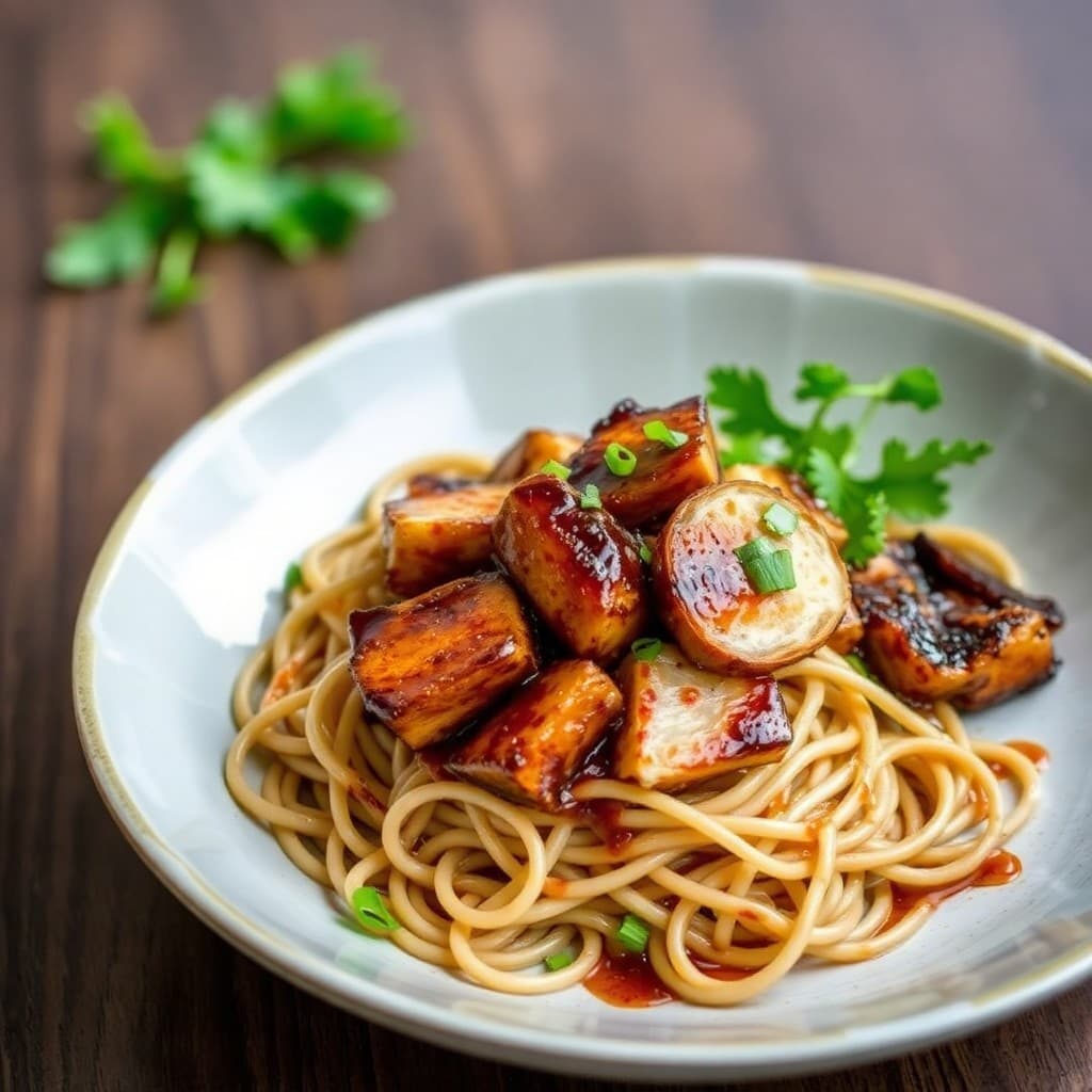 Japanese Miso-Glazed Tempeh with Charred Daikon & Soba Noodle Nest