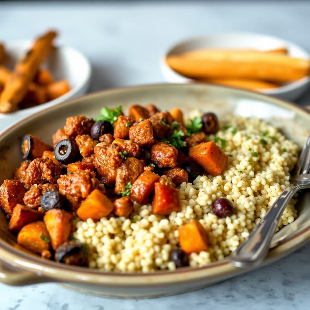 Moroccan-Spiced Seitan Tagine with Herbed Couscous & Roasted Root Vegetables