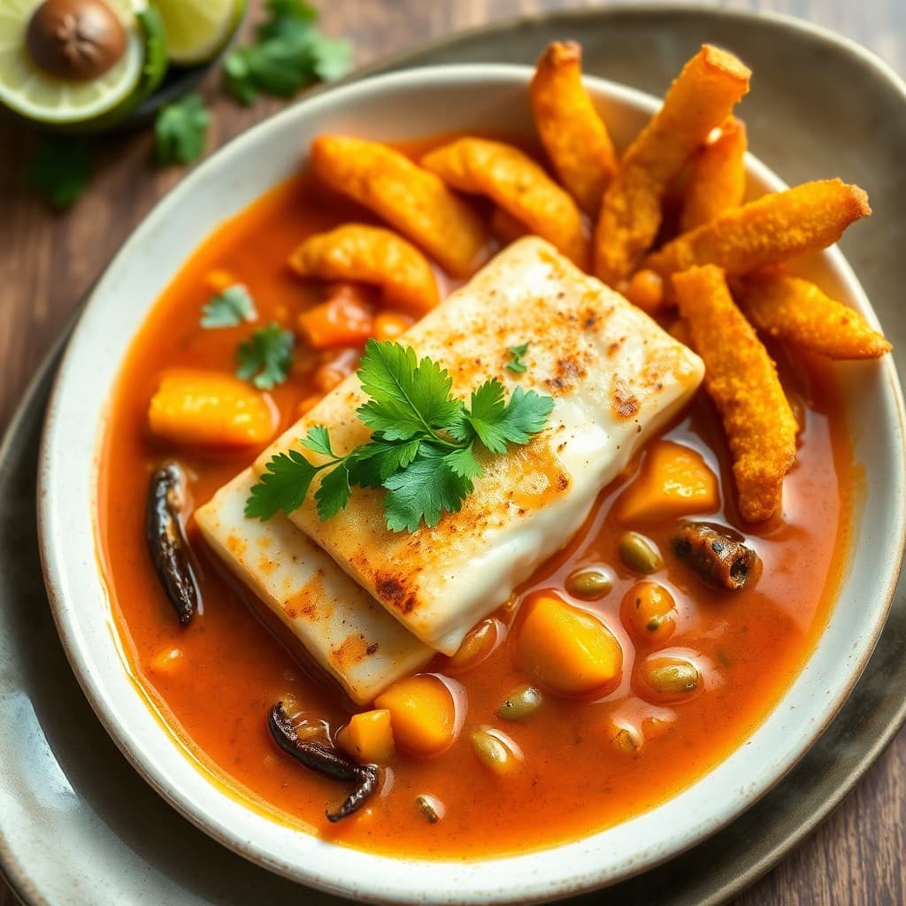 Brazilian Moqueca with Coconut Broth and Crispy Yuca Fries
