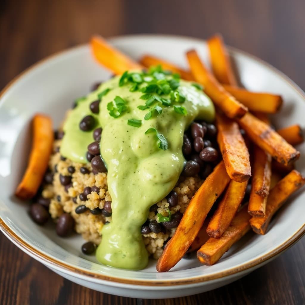 Peruvian-Style Quinoa & Black Bean Bowl with Cilantro-Lime Crema & Roasted Yuca