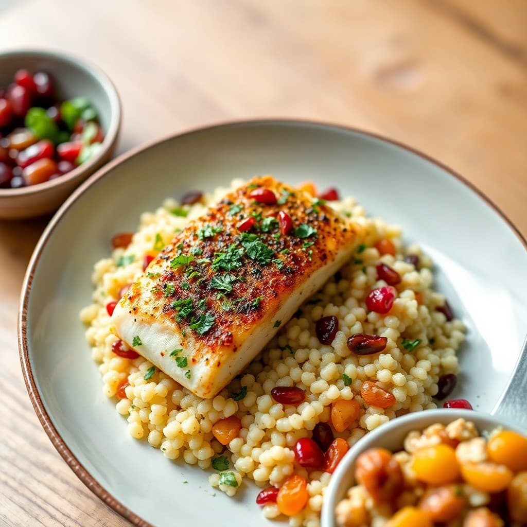 Moroccan Chermoula-Spiced Halibut with Pomegranate-Walnut Couscous