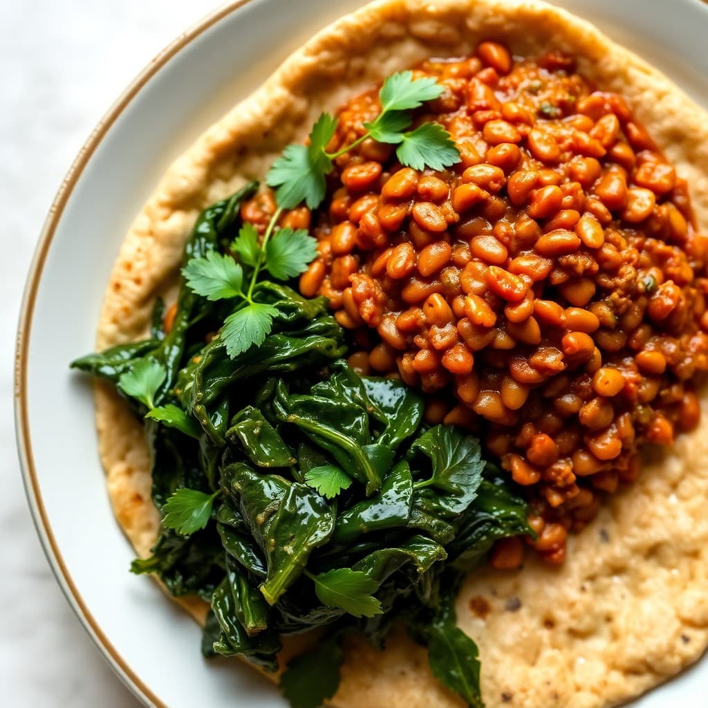 Ethiopian-Spiced Lentil Wat with Injera & Sautéed Gomen