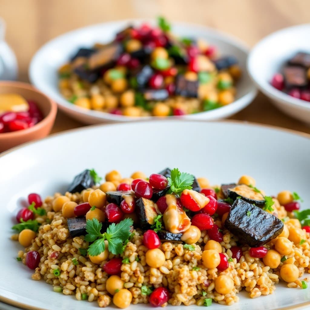 Crispy Chickpea & Millet Tabbouleh with Roasted Eggplant & Pomegranate