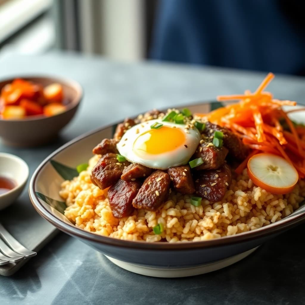 Korean Gochujang-Glazed Beef Bulgogi with Crispy Shallot Bibimbap Rice
