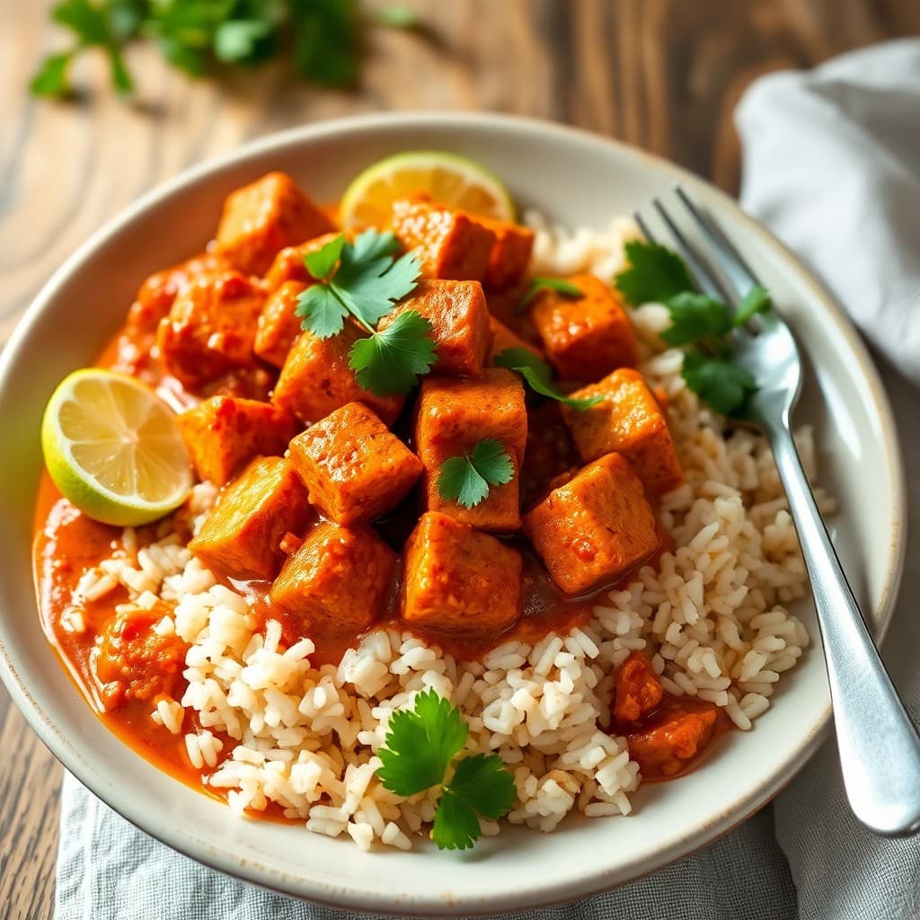 Indian-Spiced Tempeh Tikka Masala with Herbed Basmati Rice