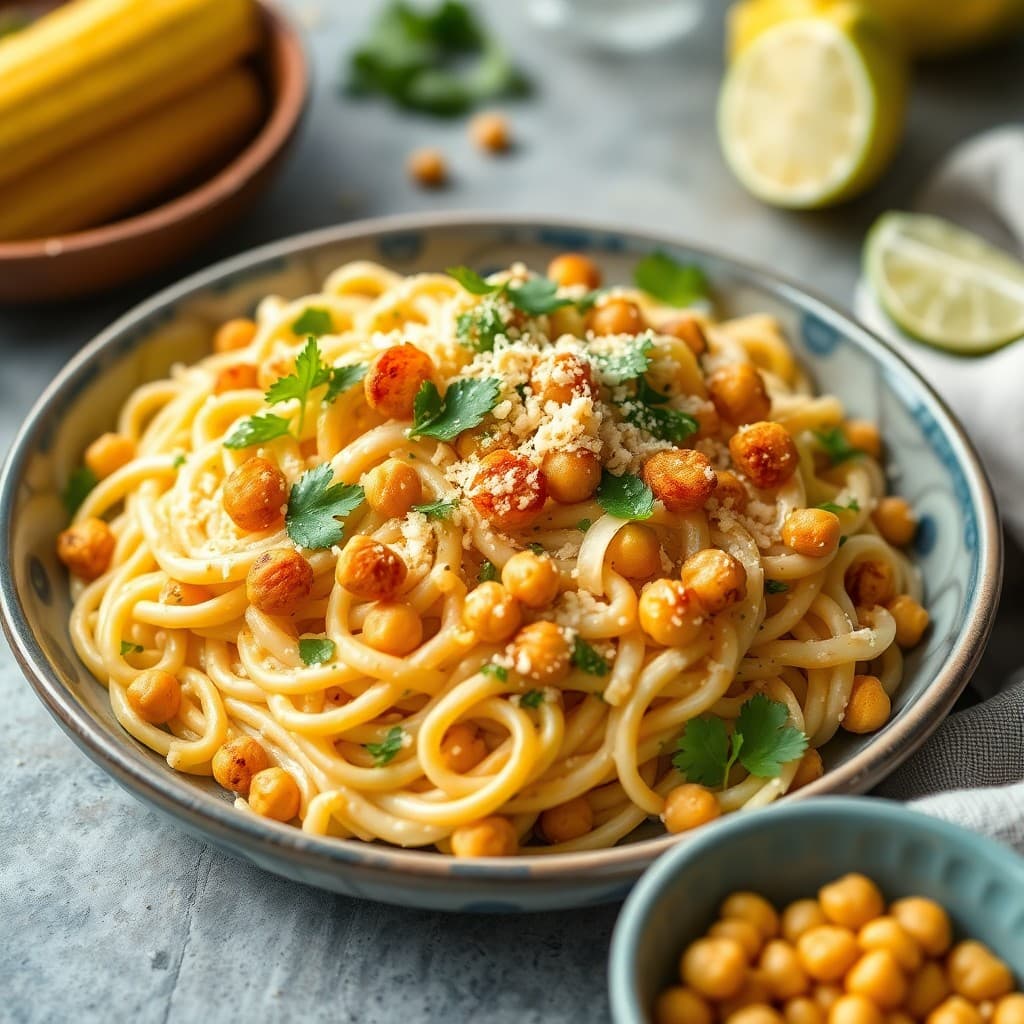 Mexican Street Corn Elote Pasta with Crispy Chickpea Croutons
