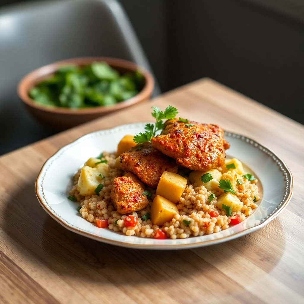 Moroccan Chicken Tagine with Roasted Cauliflower and Farro Salad