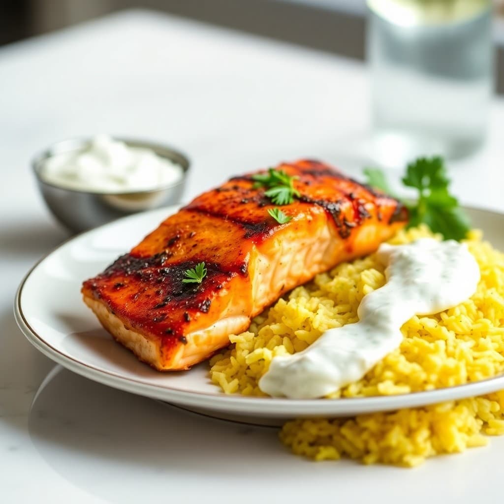 Indian Tandoori Salmon with Cucumber Raita & Saffron Basmati