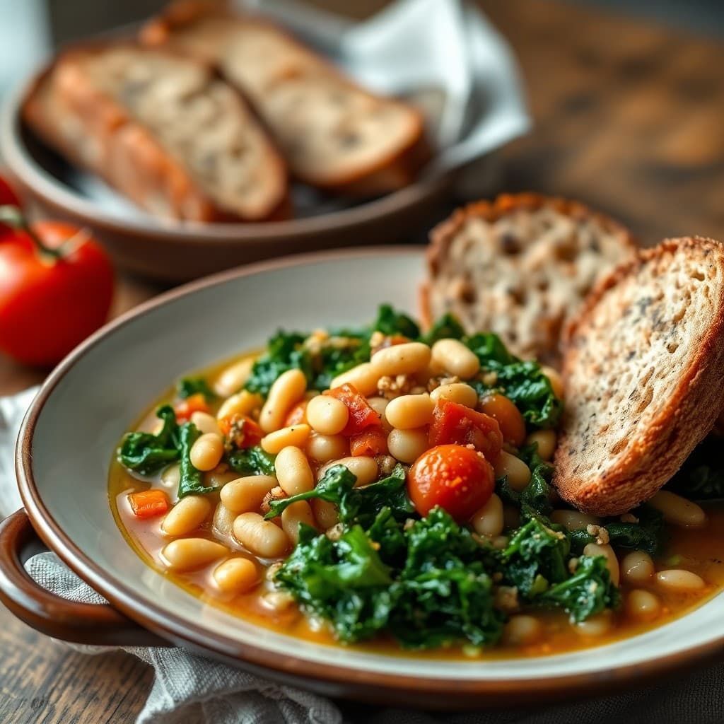 Portuguese-Style White Bean & Kale Stew with Crispy Garlic Oil & Crusty Bread