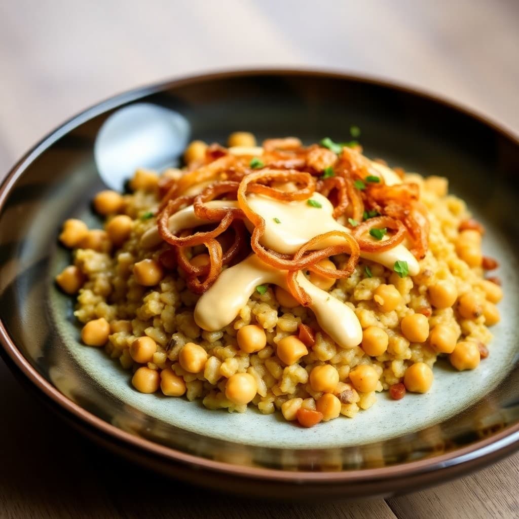 Saffron-Kissed Chickpea Mujadara with Crispy Tahini Onions